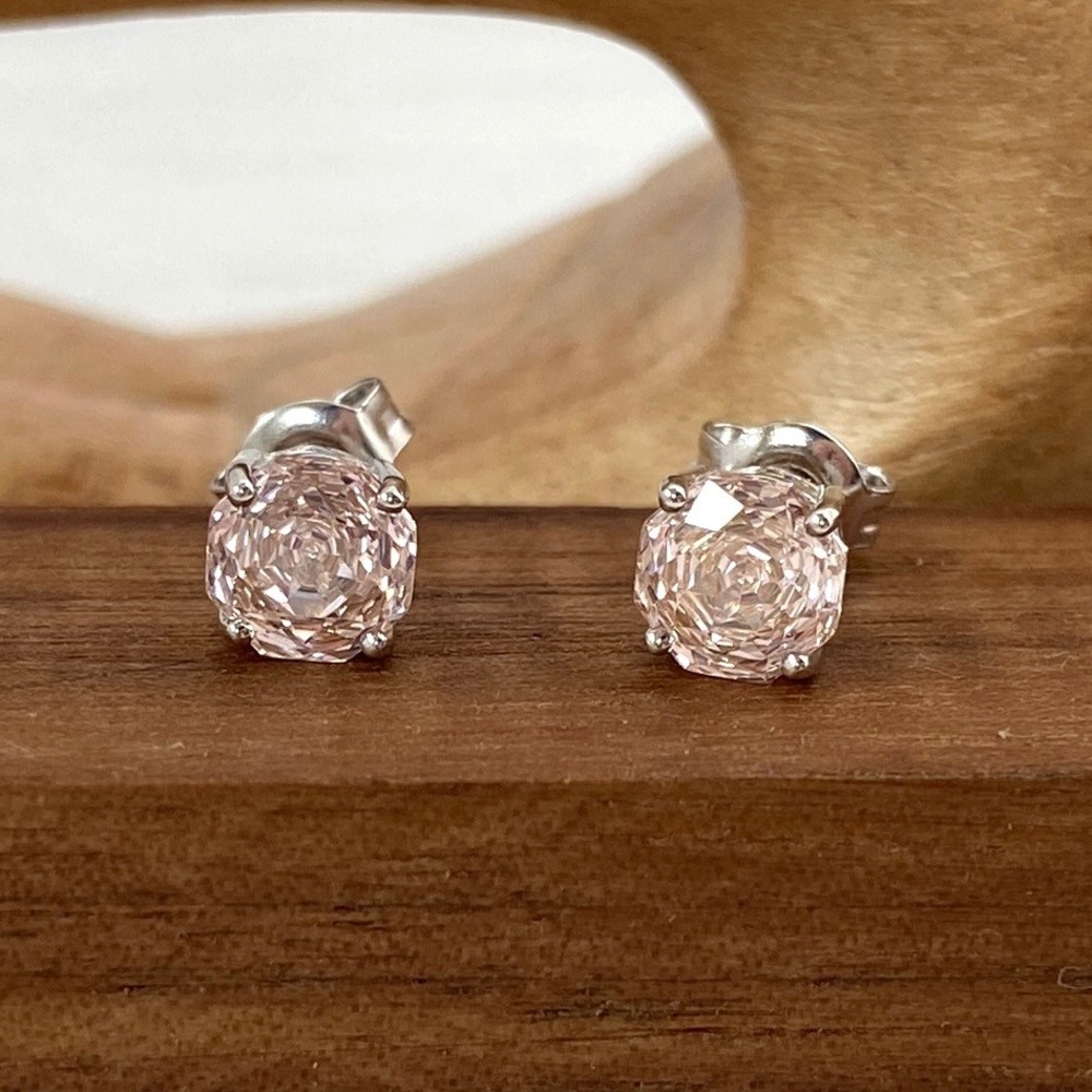 14K White Gold Plated 925 Silver Pink 6mm Rose Cut CZ Morganite Stud Earringsβ